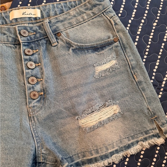 Kancan High Waist Distressed Button Fly Raw Hem Denim Shorts: Medium - Picture 8 of 10